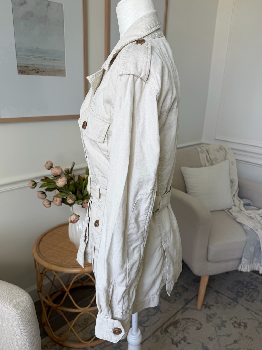 Banana Republic Heritage Linen Blend Safari Jacket Ivory Belted Utility Jacket - Picture 9 of 15